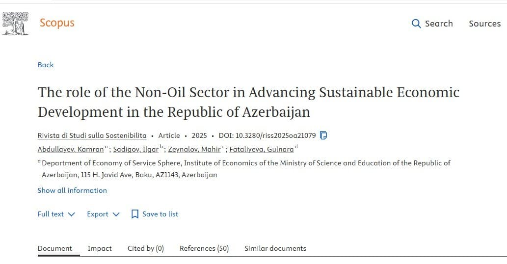İqtisadiyyat İnstitutunun alimlərinin məqaləsi İtaliyada Scopus reytinqli jurnalda çap edilib